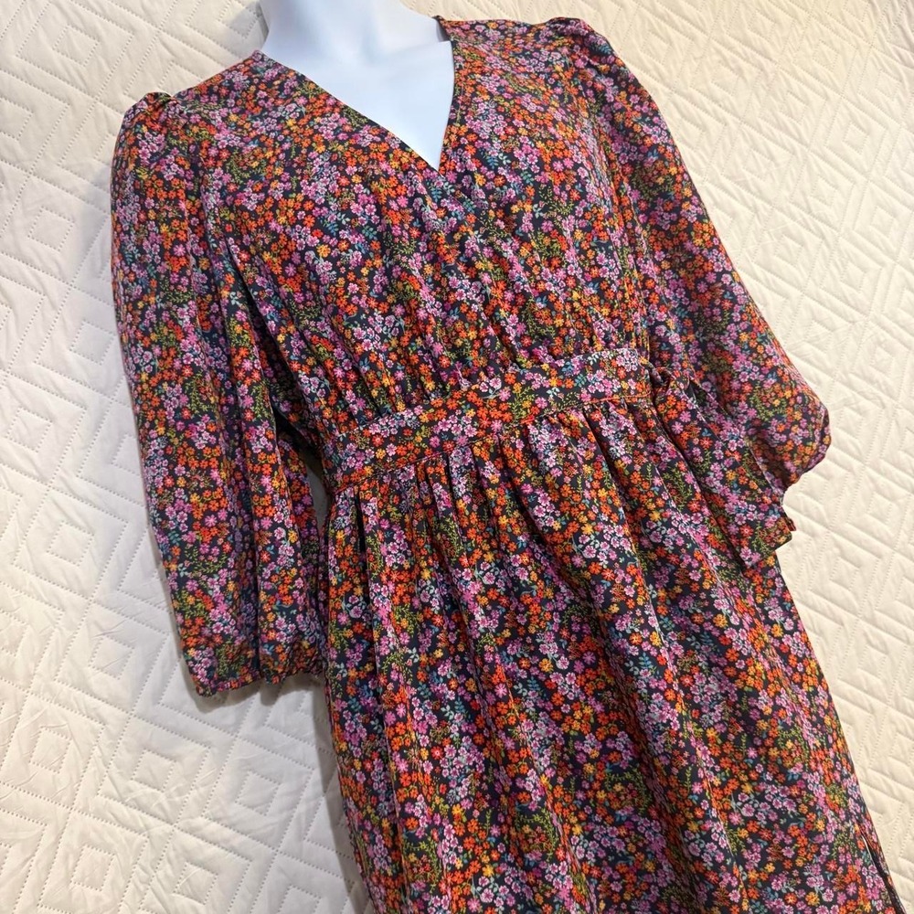 Women M Wrap Dress Multi Floral 3/4 Sleeve COTTAGECORE FALL MOM TUMMY HIDE COZY